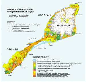 Geological map of Jan Mayen showing morphology, lithology og stratigraphy.