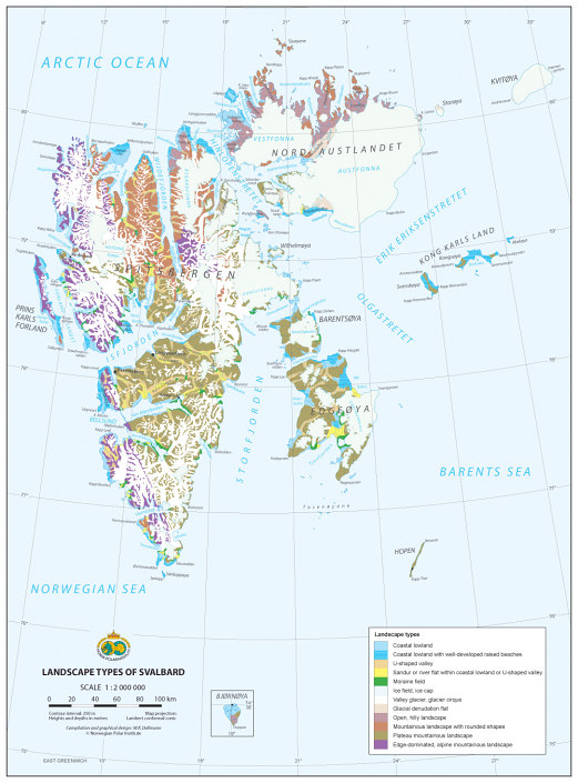 kart over landskapstyper på Svalbard