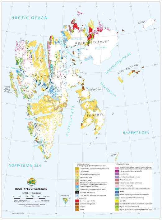 kart over bergarter på Svalbard