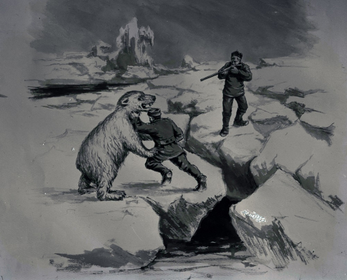 gammel tegnig vise mann som kjemper mot isbjørn på to ben
