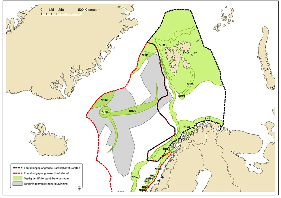 Utredningsområdet for havbunnsmineraleri Norskehavet og Barentshavet