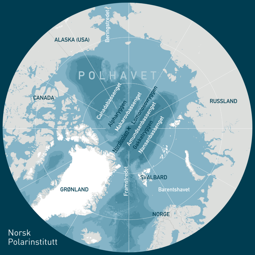 Kart over Polhavet markert med Nordpolen i midten