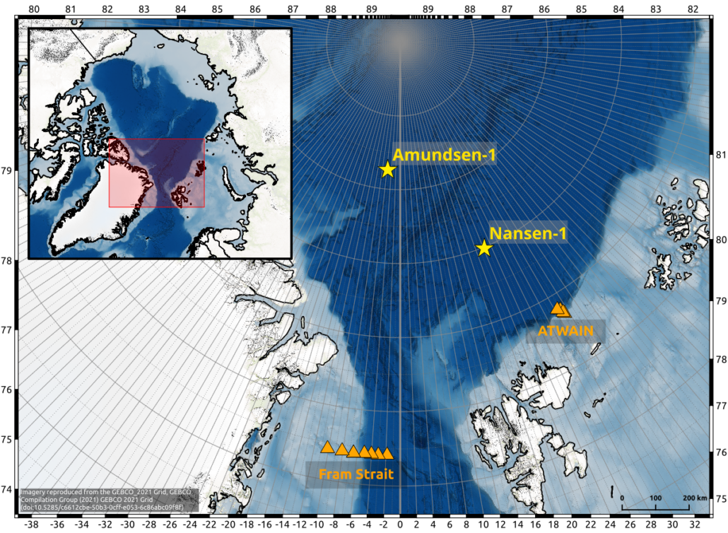 Kart som viser plassering av riggene Observasjonene fra riggene Amundsen-1 og Nansen-1 i Polhavet