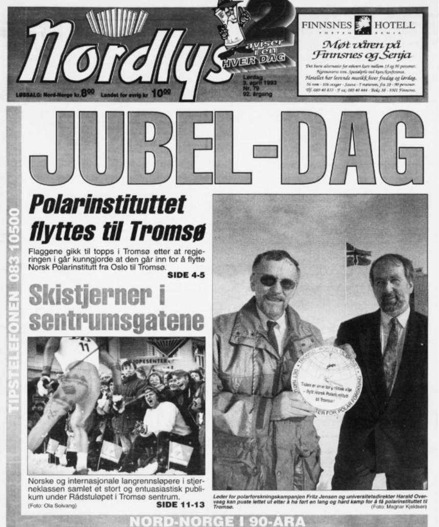Avisforside med tittel: Jubel-dag. Polarinstituttet flyttes til Tromsø